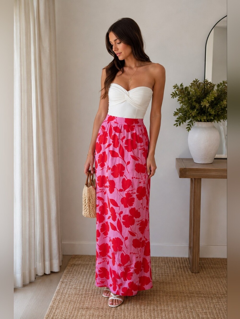 Periwinkle Collection Pink & Red Floral Maxi Skirt, Size Small